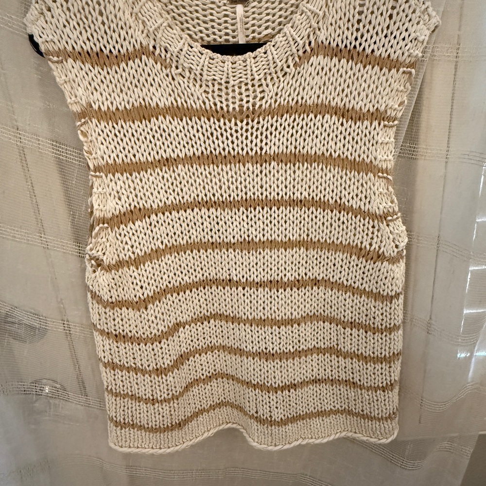 Free People Cream and Tan Crew Neck Sweater with Stripes